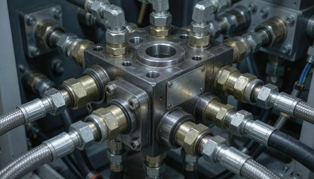 Flow divider-combiner valve installed in a hydraulic power unit on site